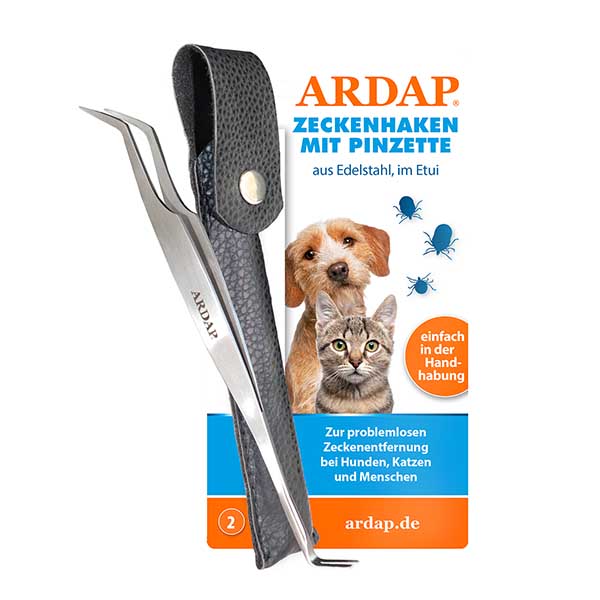 ARDAP Tick Hook with Tweezers stainless steel in leather case