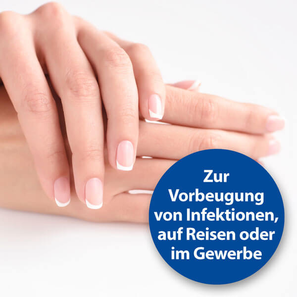 Zwei Hände übereinanderliegend - Zur Vorbeugung von Infektionen, auf Reisen oder im Gewerbe