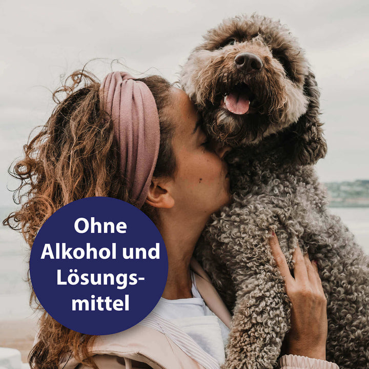 Frau hält Hund auf Arm -Ohne Alkohol und Lösungsmittel