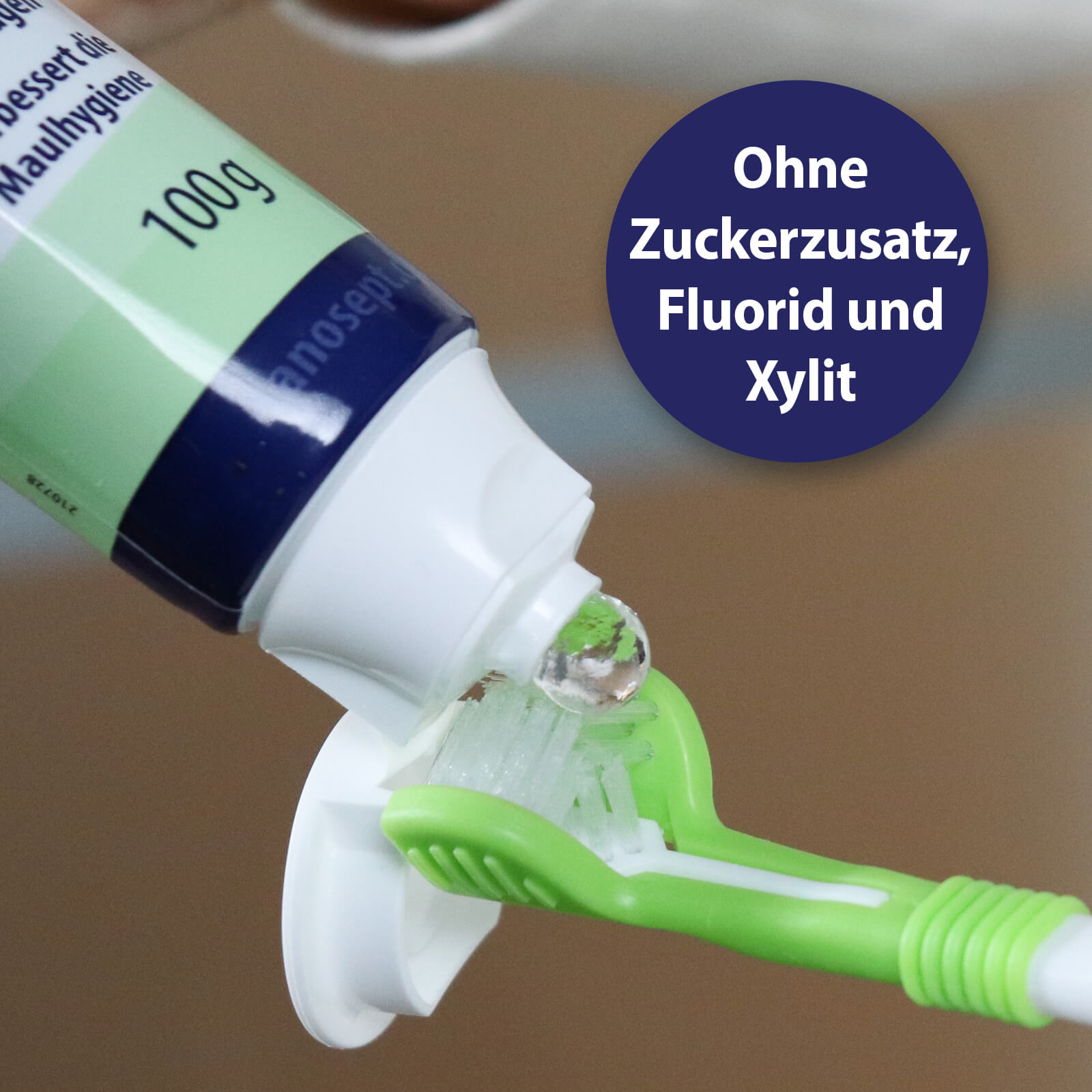 Canosept Zahnpasta wird auf Zahnbürste aufgetragen - Ohne Zuckerzusatz, Fluorid und Xylit