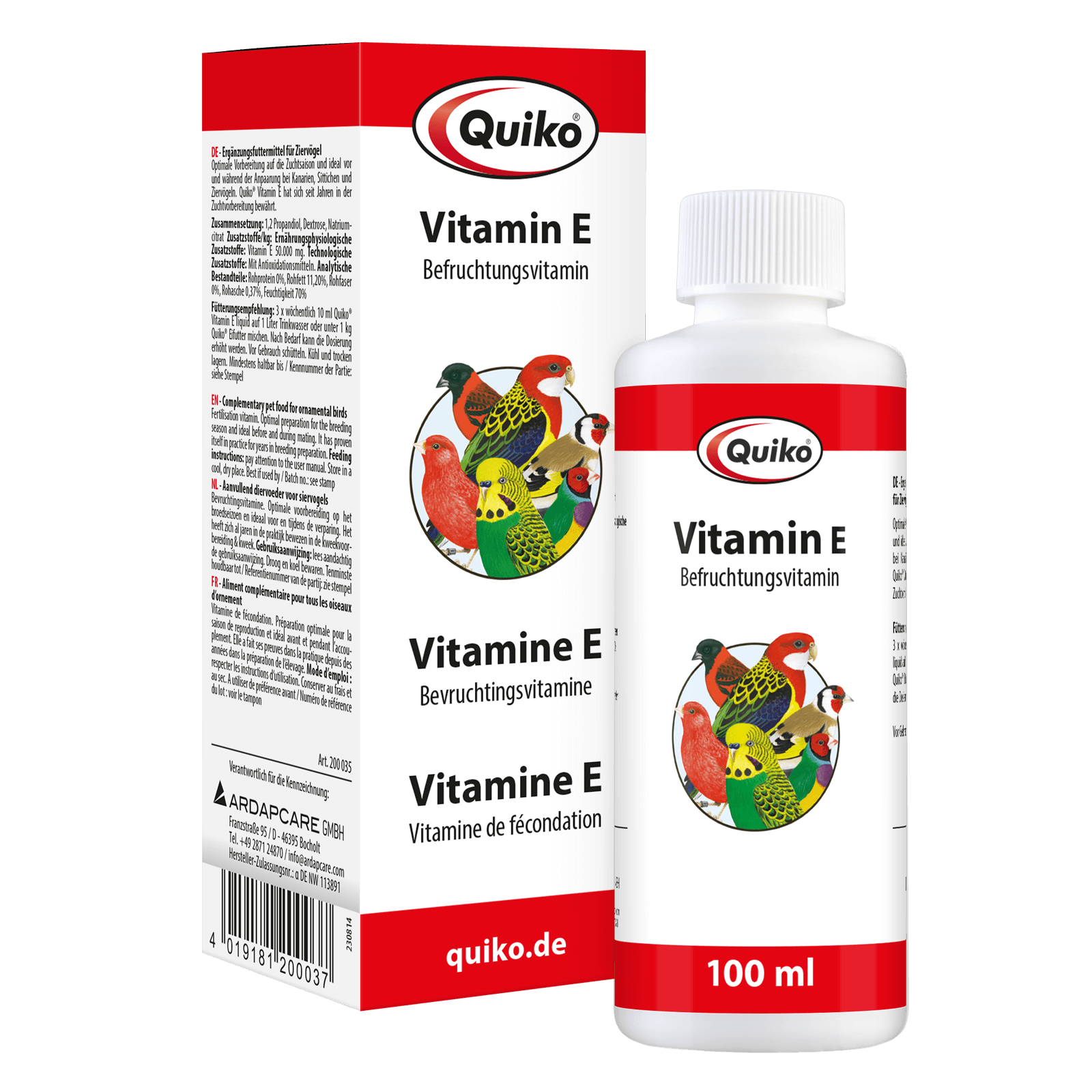 Quiko Vitamin E liquid - Ergänzungsfutter für Kanarien, Sittiche und Ziervögel - Ideal vor und während der Anpaarung